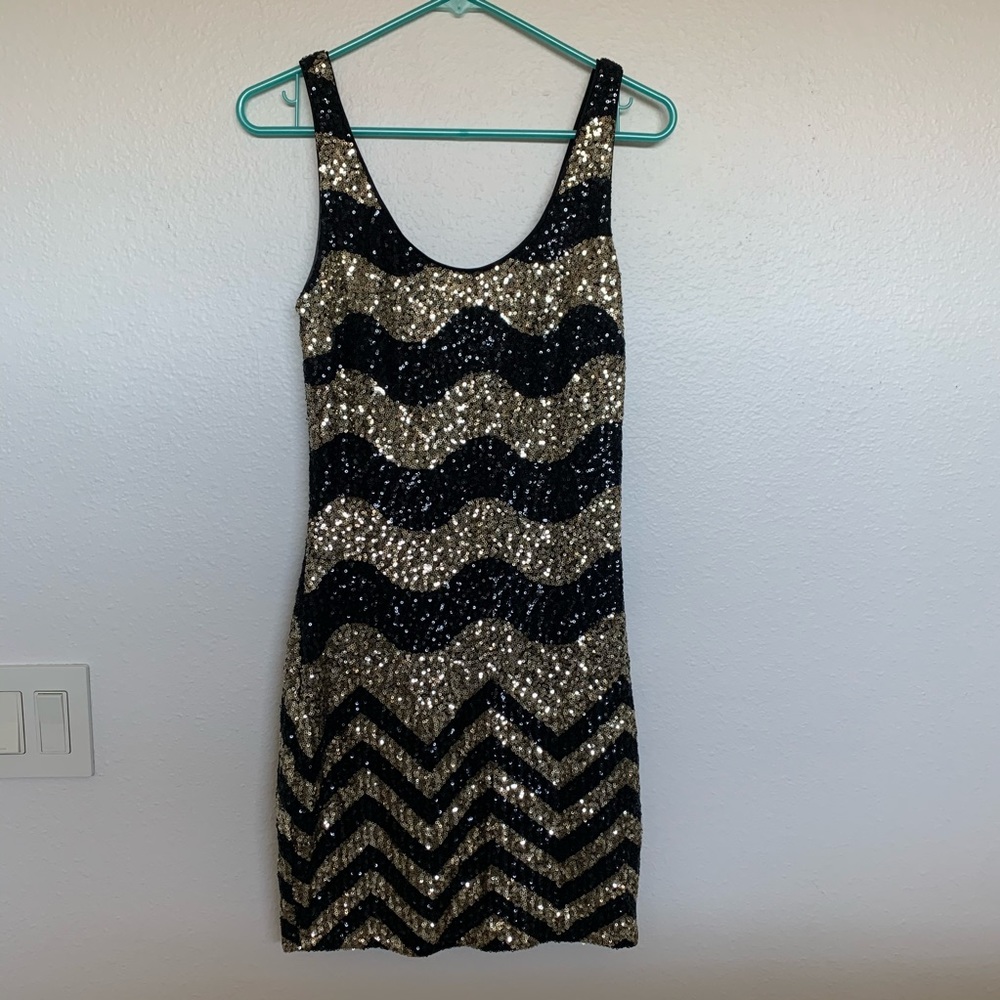 Bebe sequin mini dress gold and black bodycon
